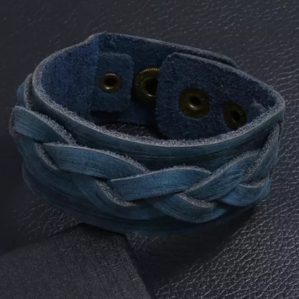 Blue Leather Bracelet Women’s Distressed Western Cowgirl Adjustable Cuff Jewelry - Picture 5 of 6